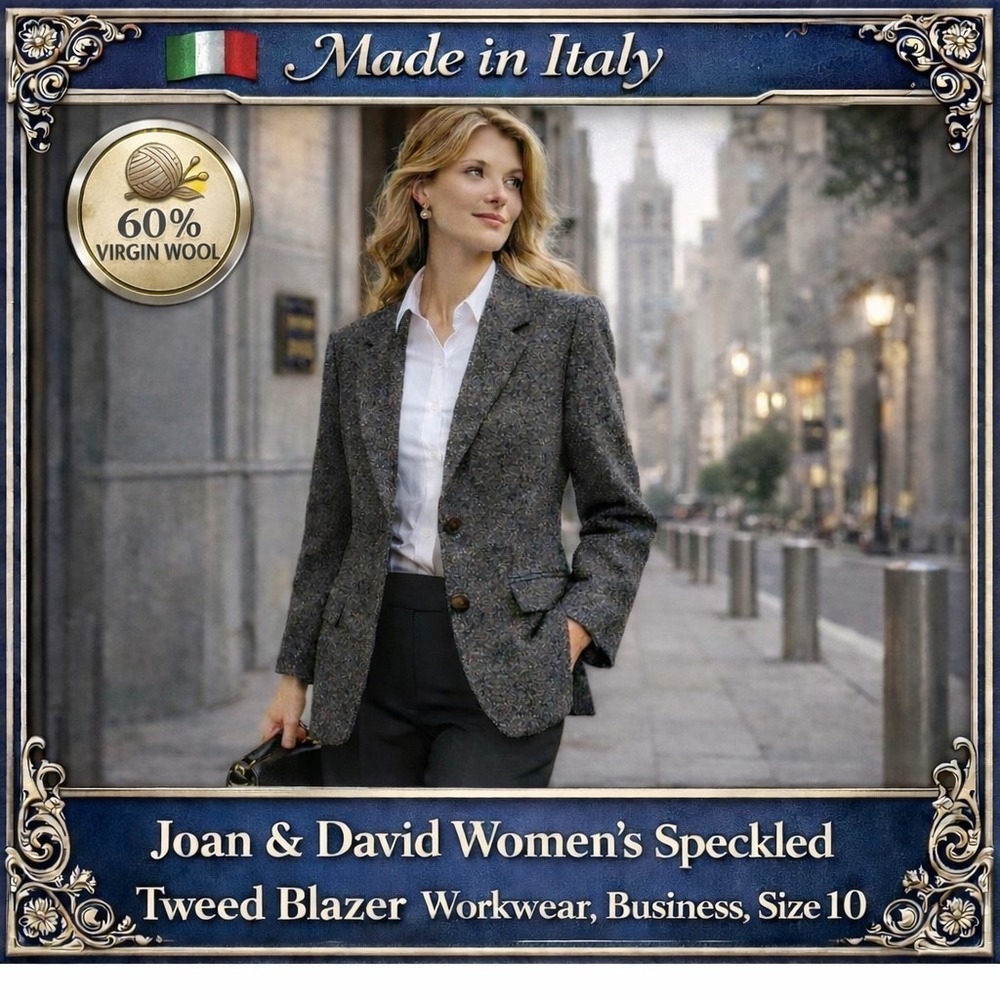 JOAN & DAVID Women's 60% Virgin Wool Tweed Blazer Italy Gray Speckled Jacket 10